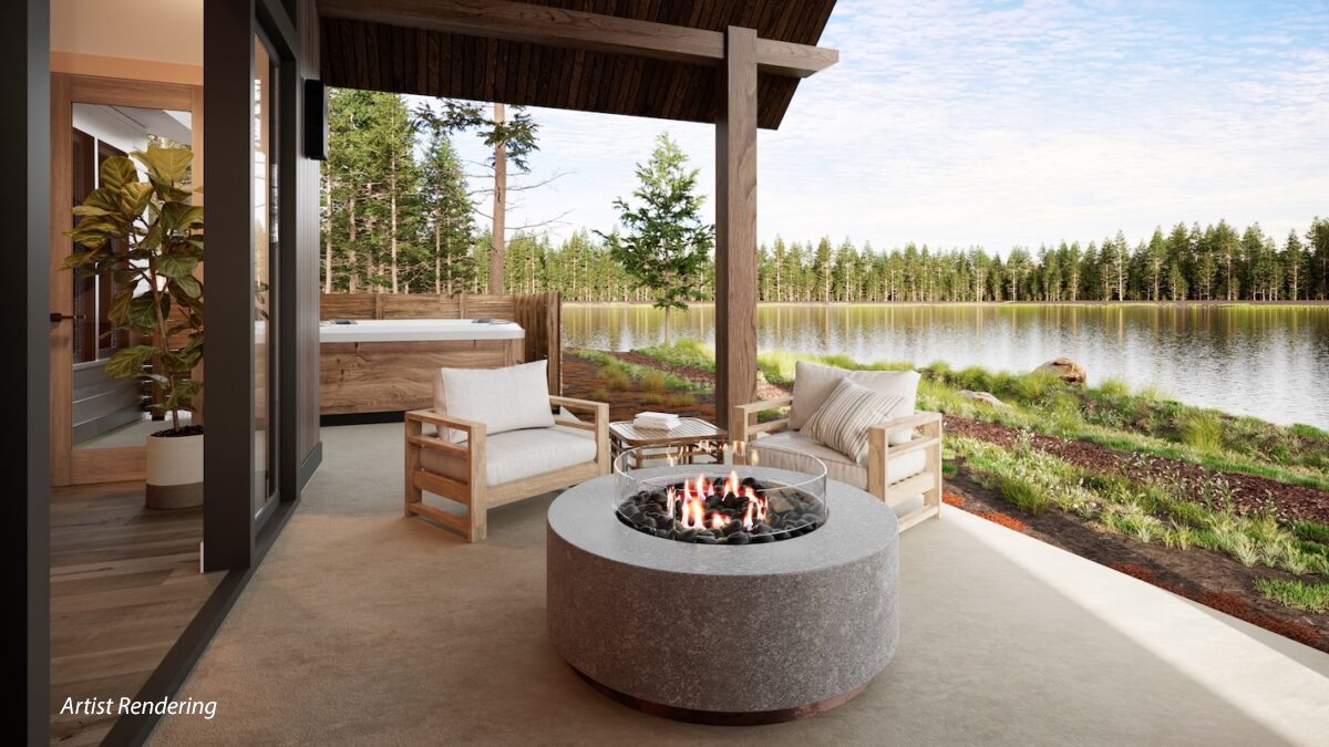 Rendering of Lakeside Cabin patio at Caldera Springs