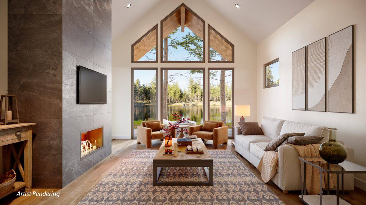 Rendering of Lakeside Cabin living room at Caldera Springs
