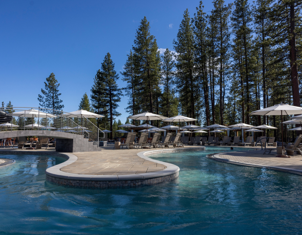 Resort-style outdoor pool surrounded by lounge chairs and white umbrellas, set among tall pine trees under a clear blue sky.